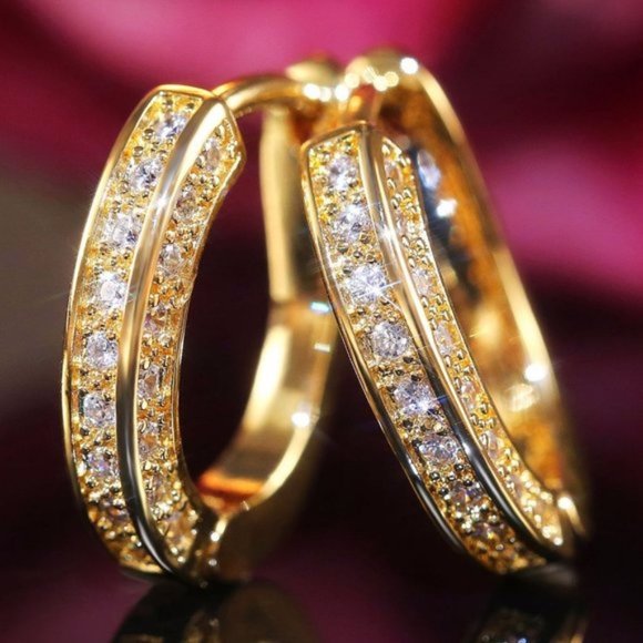 New Yellow Gold Plated Oval Diamond Earrings - Picture 1 of 4